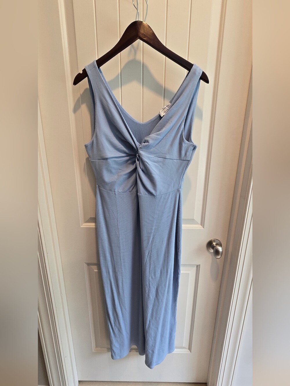 Los Angeles Apparel Light Blue Ribbed Twist-Front Midi Dress